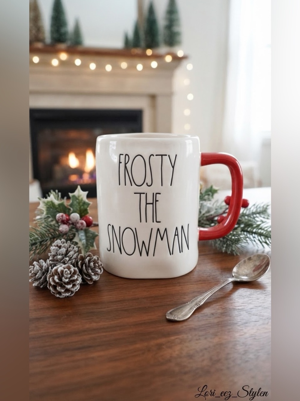 Rae Dunn White Ceramic Mug with Red Handle - 'Frosty the Snowman'